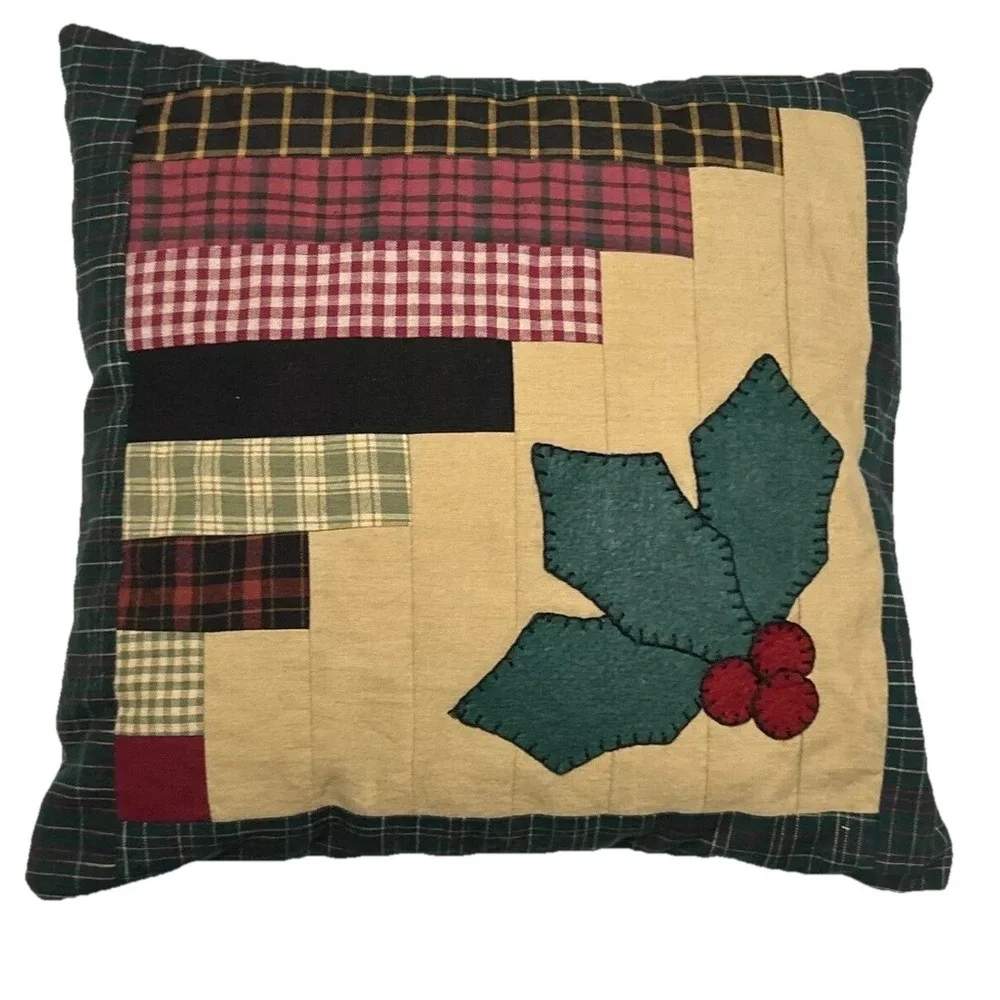 Pillow Christmas Holly Patchwork Handmade Open Back Cover Green Red 12